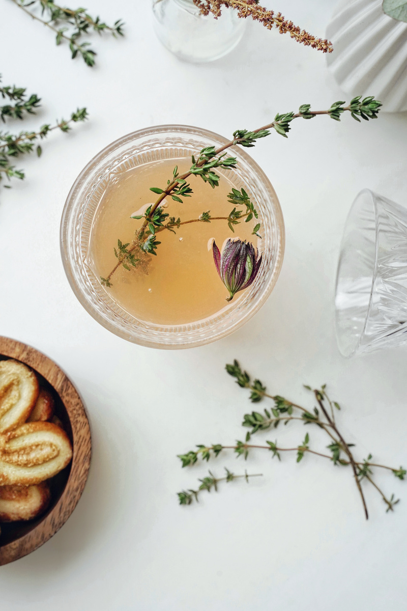 Clear Glass Bowl with Herbs and Tea